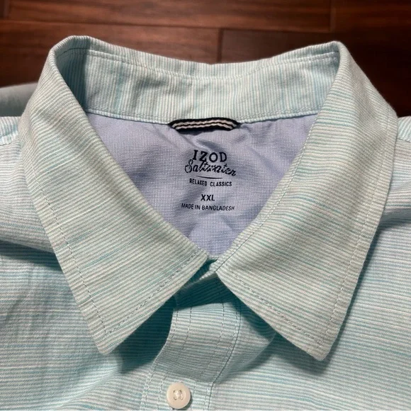 Izod Saltwater XXL Men’s Button Down Shirt Short Sleeve Teal White Relaxed - Picture 5 of 8